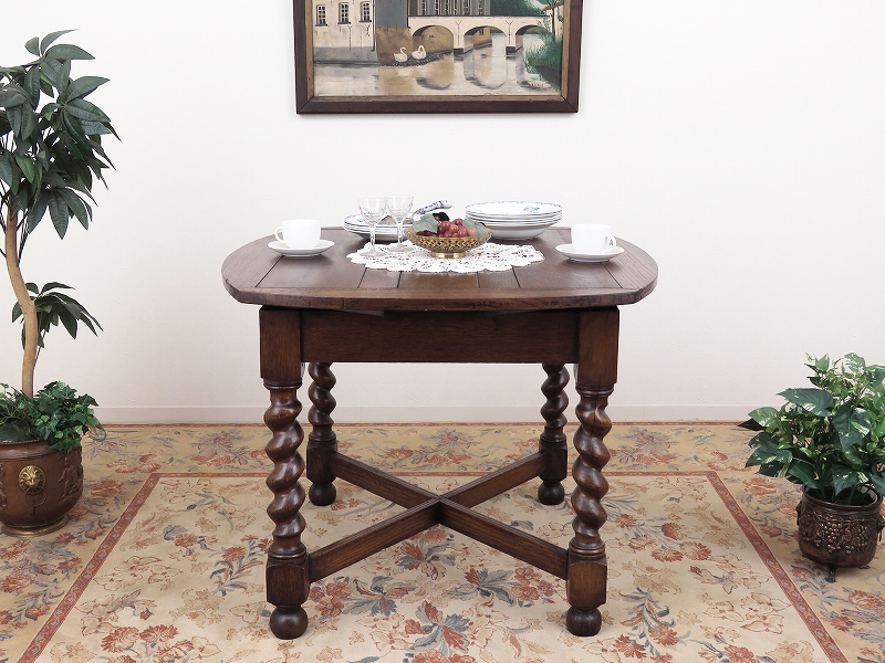 人気 ブドウの彫刻 伸長式ダイニングテーブル ドローリーフテーブル ブルボーズレッグ アンティーク テーブル アンティークフレックス