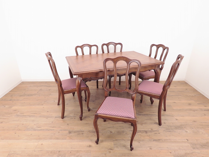 ネコ脚のダイニングセット（寄木の天板） テーブル＋椅子６脚 フレンチアンティーク家具（AL-0480） | アンティーク家具 販売・通販「アルヴェール」